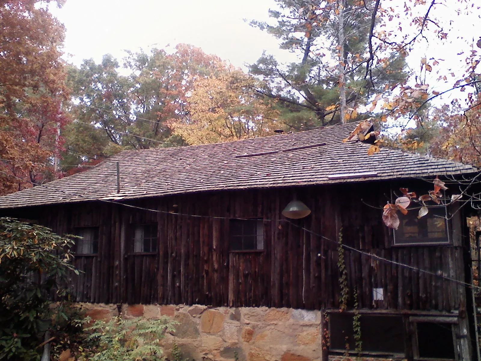 Weathered wood shake roof on a rustic board sided cabin in Evergreen Park